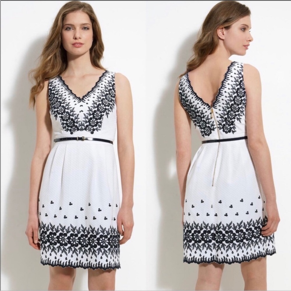 [Kate Spade] Amy Cotton Embroidered Sugar Beach Navy Double V-Neck Belted Dress